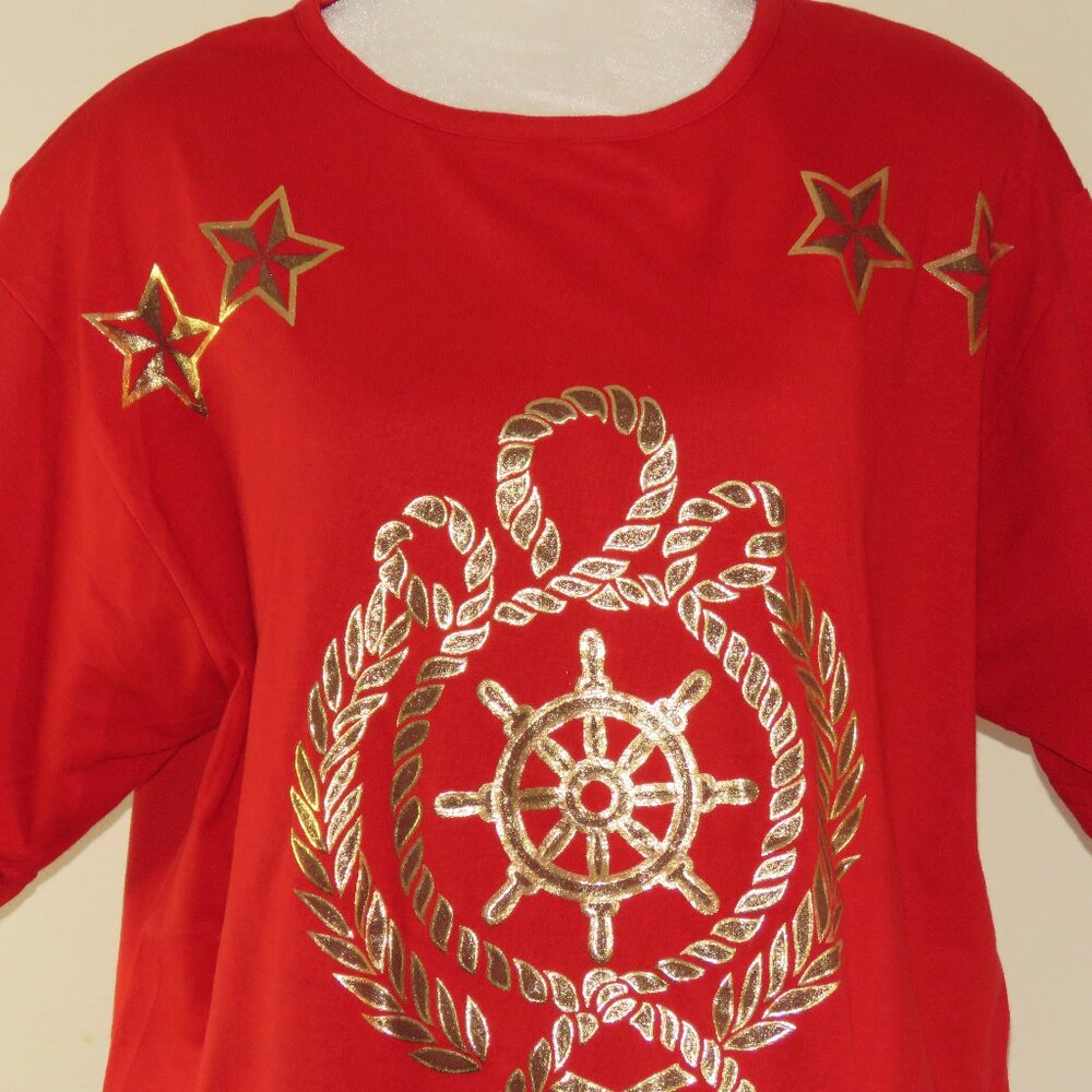Huntington Ridge Red with Gold Nautical Theme Short Sleeve Blouse Size M (C1130)